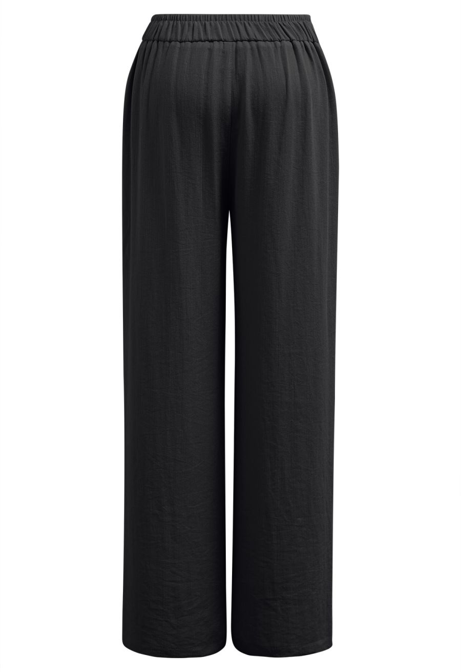 Laid-Back Tie-Bow Linen-Blend Pants in Black