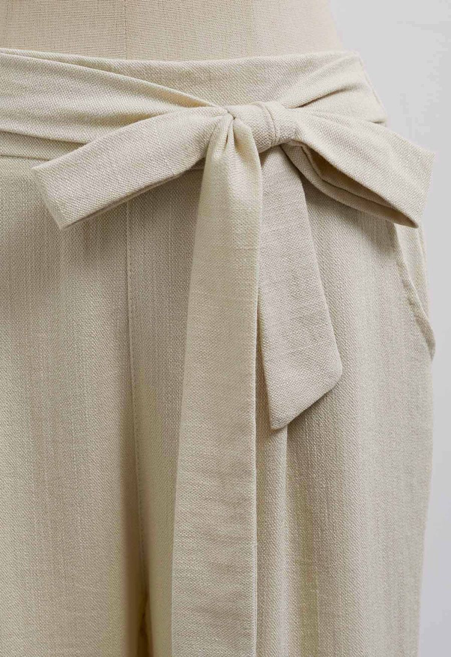 Laid-Back Tie-Bow Linen-Blend Pants in Light Khaki