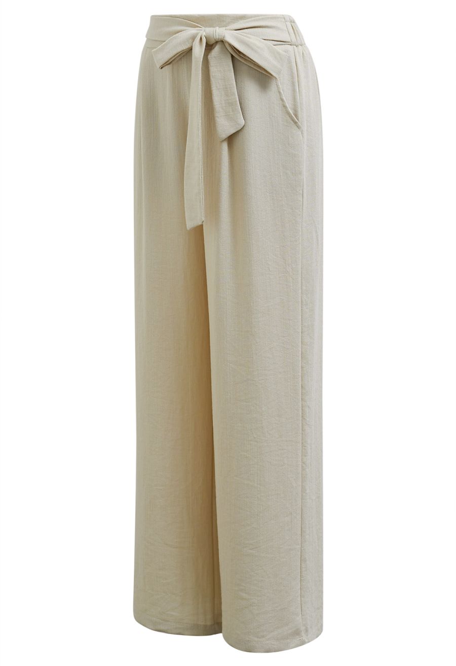 Laid-Back Tie-Bow Linen-Blend Pants in Light Khaki