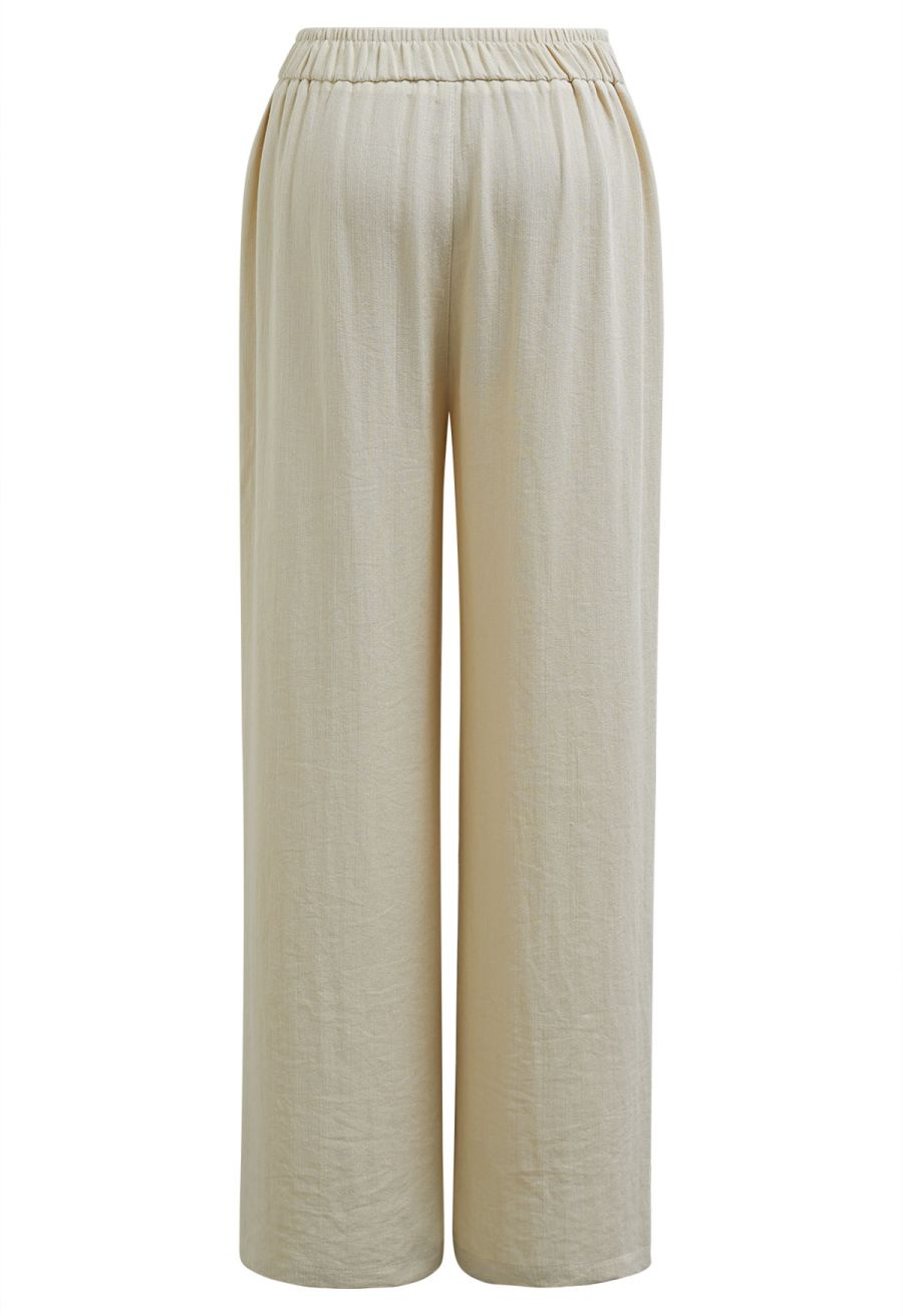 Laid-Back Tie-Bow Linen-Blend Pants in Light Khaki