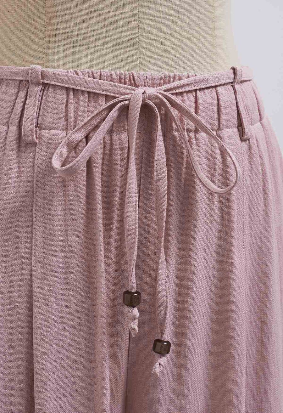 Easy-Fit Self-Tie Waist Linen-Blend Pants in Pink