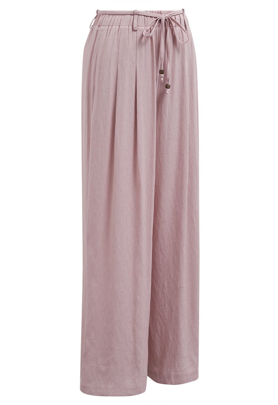 Easy-Fit Self-Tie Waist Linen-Blend Pants in Pink