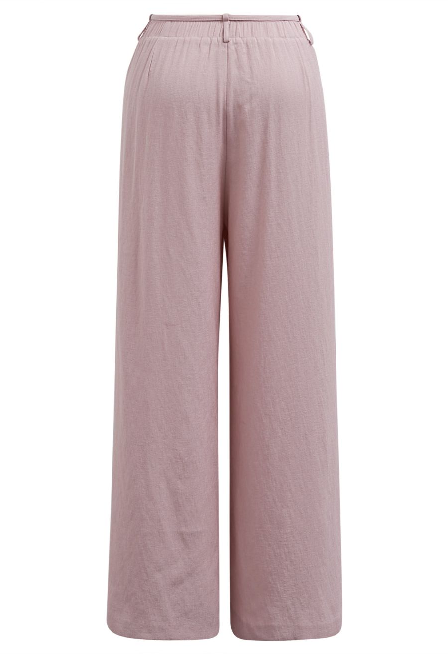 Easy-Fit Self-Tie Waist Linen-Blend Pants in Pink