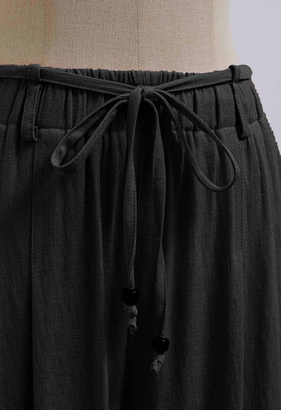 Easy-Fit Self-Tie Waist Linen-Blend Pants in Black