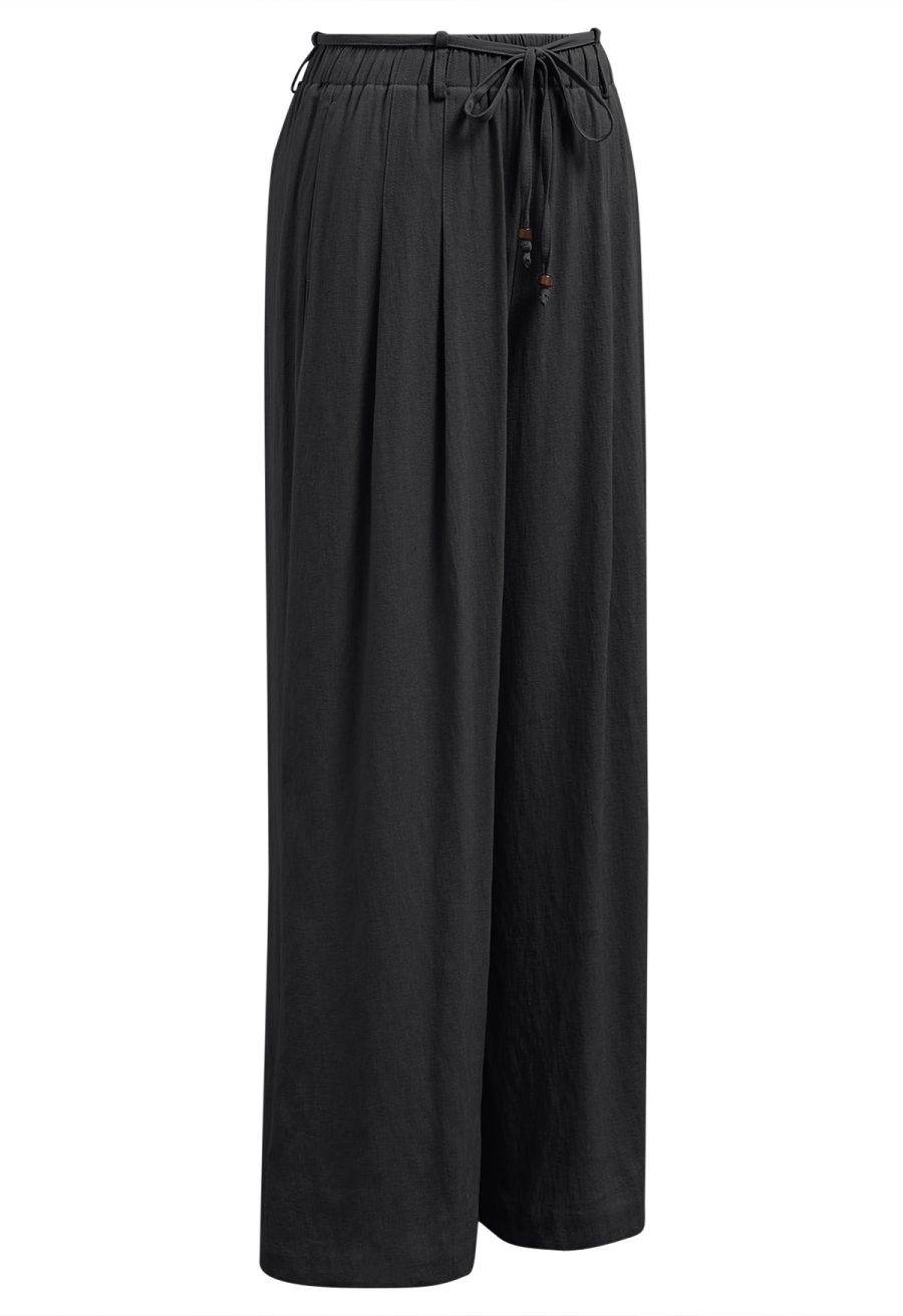 Easy-Fit Self-Tie Waist Linen-Blend Pants in Black