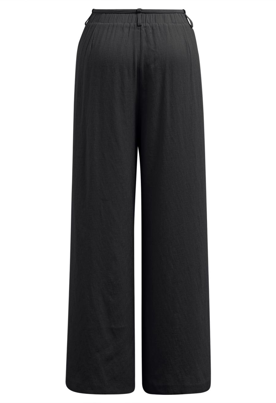 Easy-Fit Self-Tie Waist Linen-Blend Pants in Black
