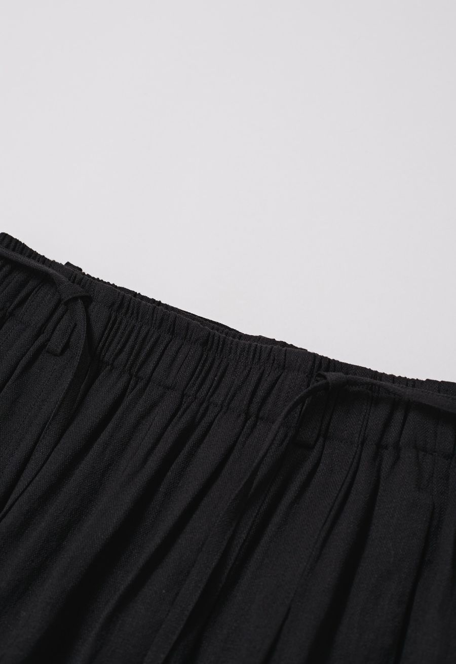 Easy-Fit Self-Tie Waist Linen-Blend Pants in Black