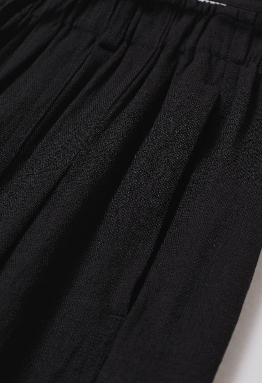 Easy-Fit Self-Tie Waist Linen-Blend Pants in Black