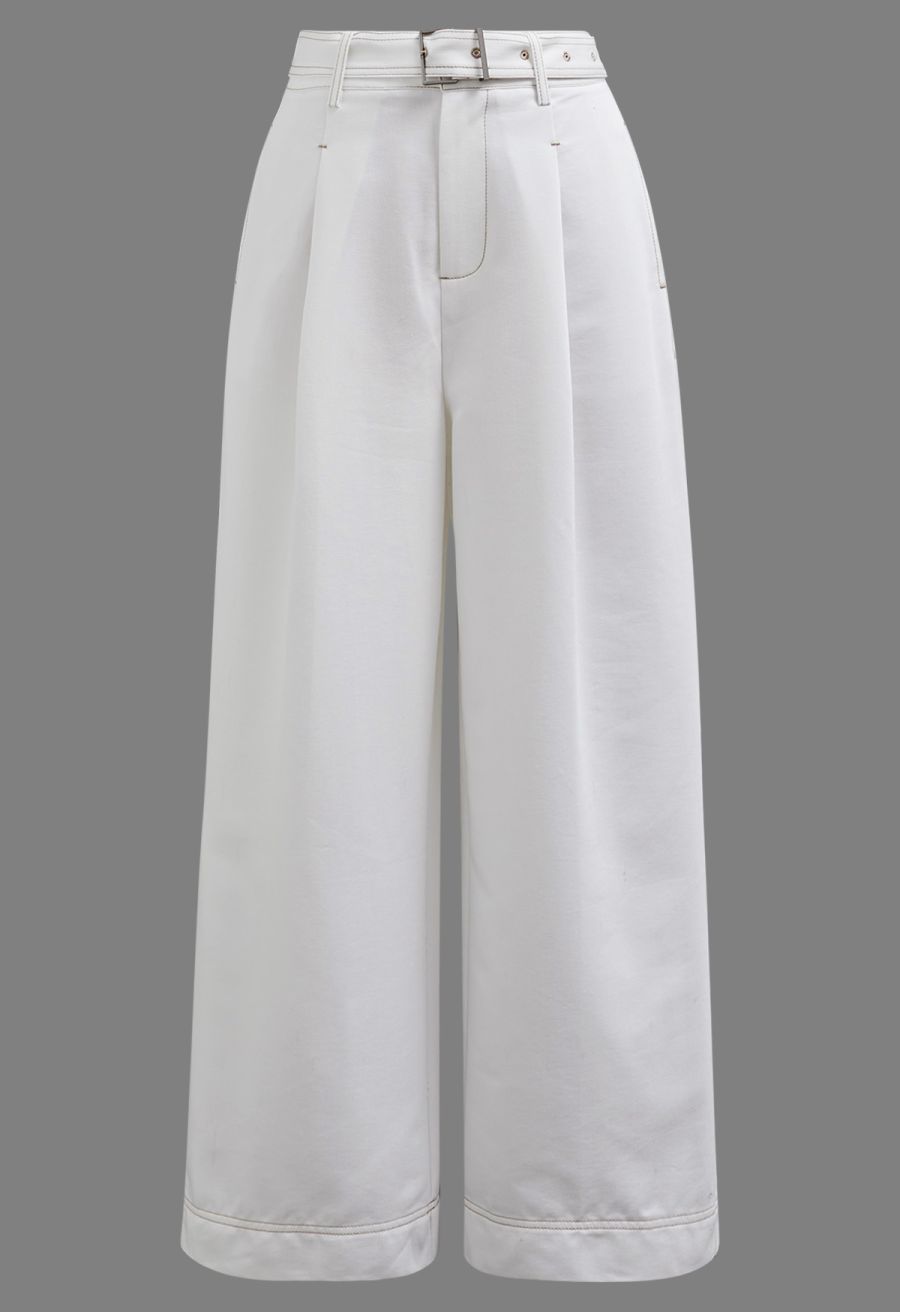 Polished Contrast Stitch Belted Jeans