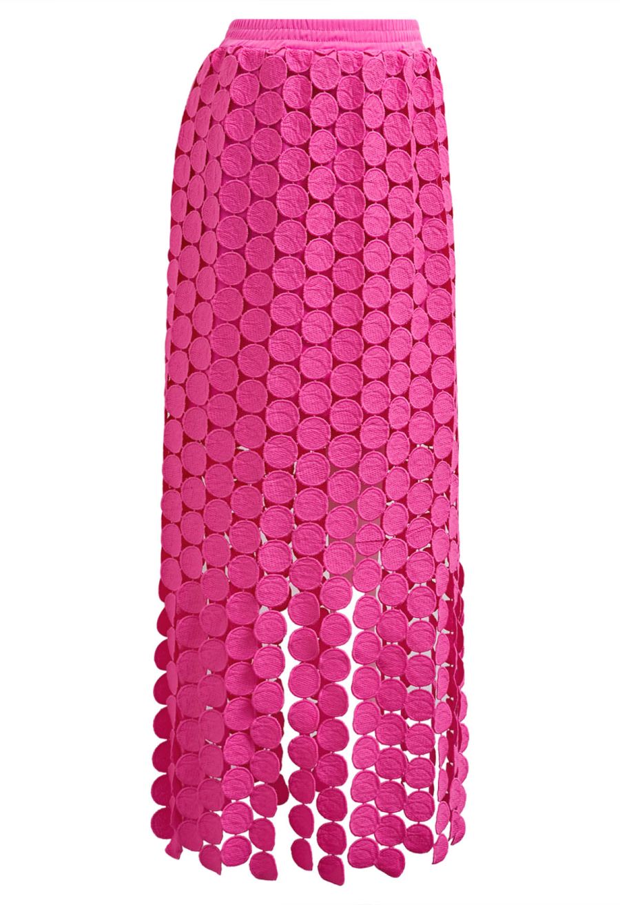 Chic Crochet Circle Fringe Maxi Skirt in Hot Pink