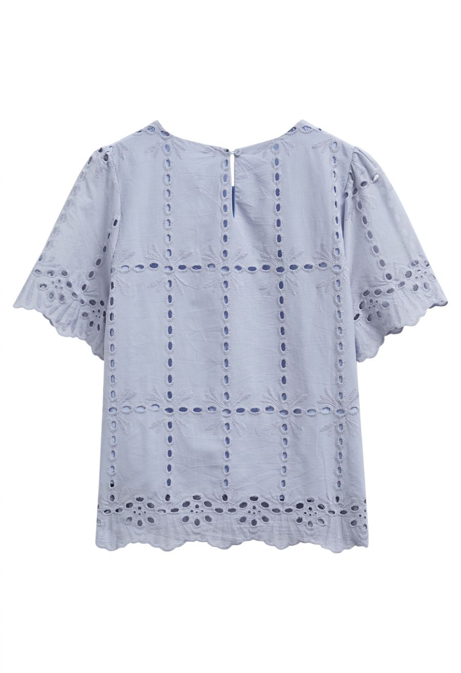 Grid Embroidered Eyelet Short Sleeve Top in Blue
