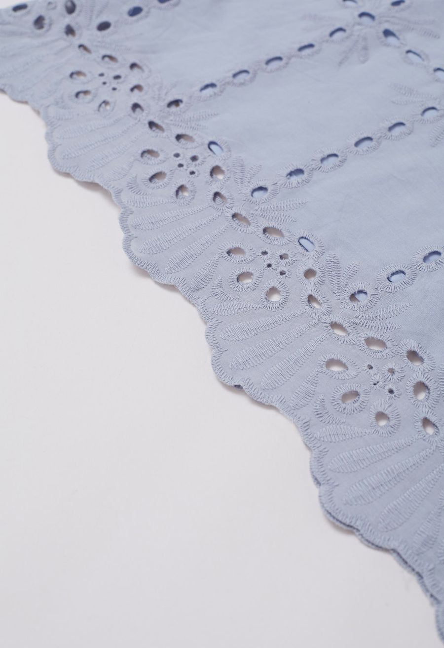 Grid Embroidered Eyelet Short Sleeve Top in Blue