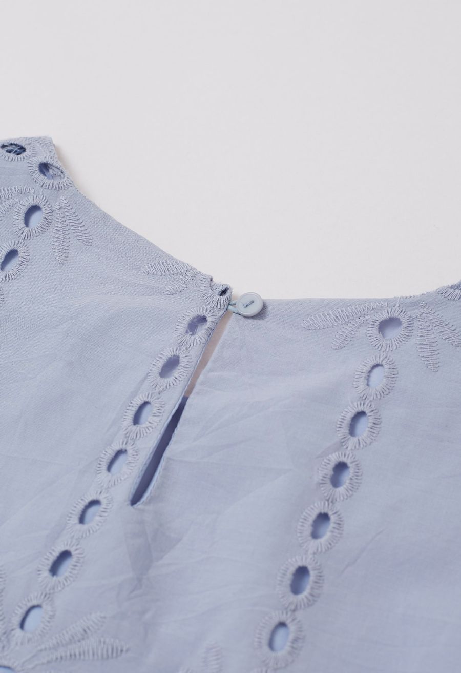 Grid Embroidered Eyelet Short Sleeve Top in Blue