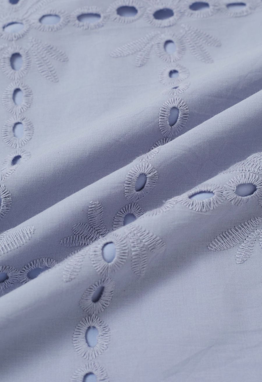 Grid Embroidered Eyelet Short Sleeve Top in Blue