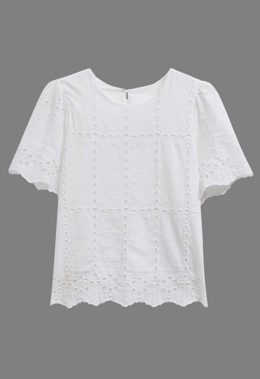 Grid Embroidered Eyelet Short Sleeve Top in White