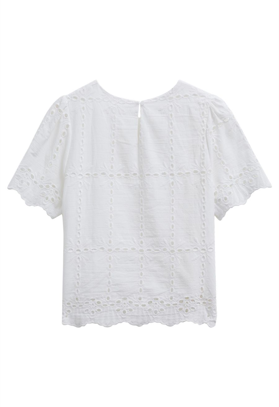 Grid Embroidered Eyelet Short Sleeve Top in White
