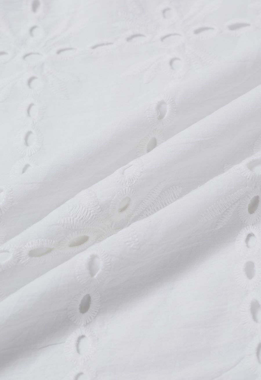 Grid Embroidered Eyelet Short Sleeve Top in White