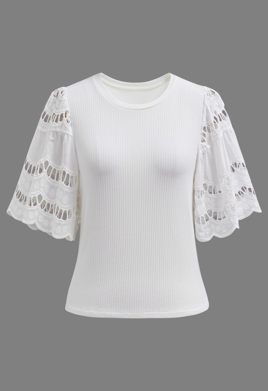 Embroidered Flutter Sleeve Rib Top in White