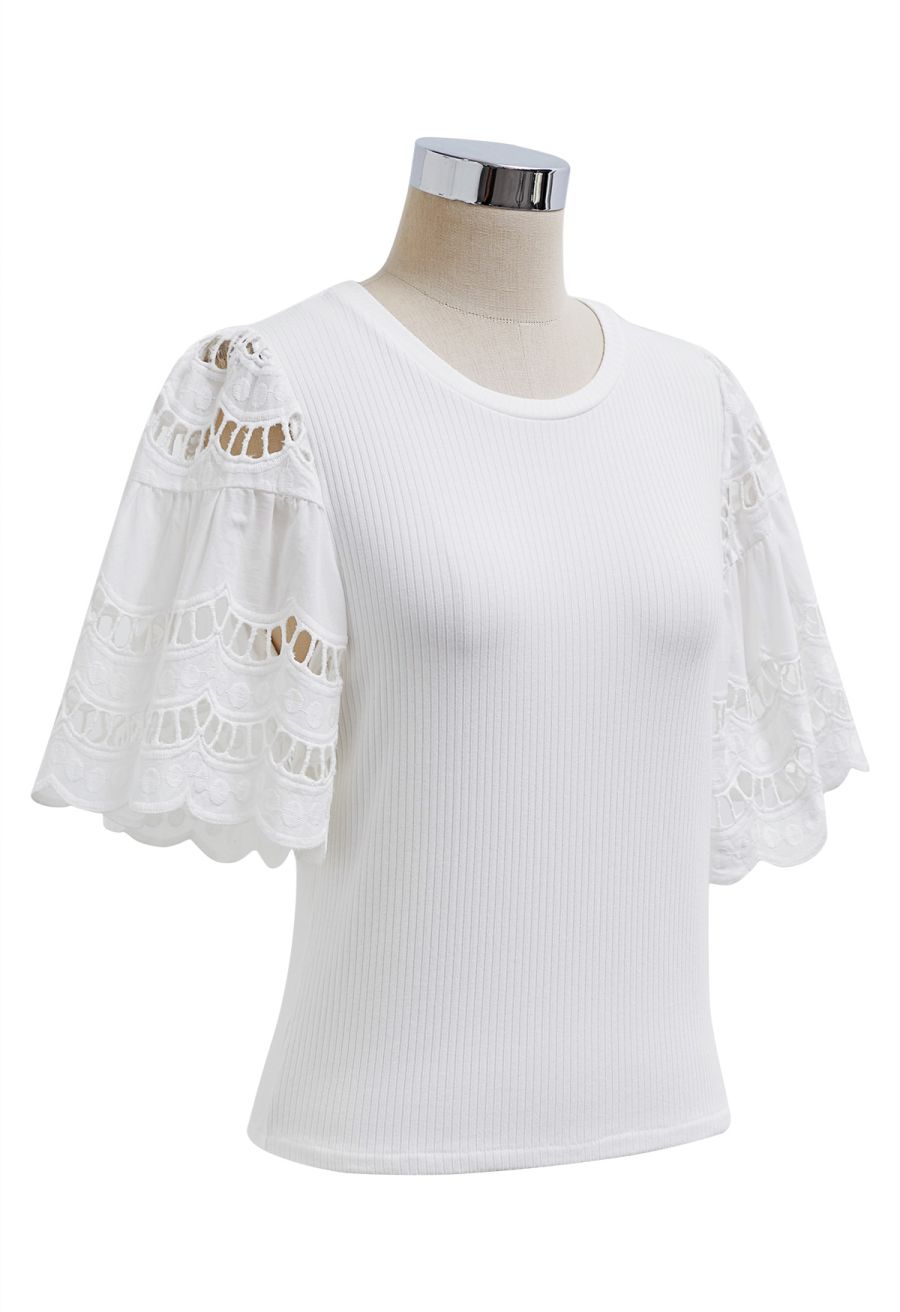 Embroidered Flutter Sleeve Rib Top in White
