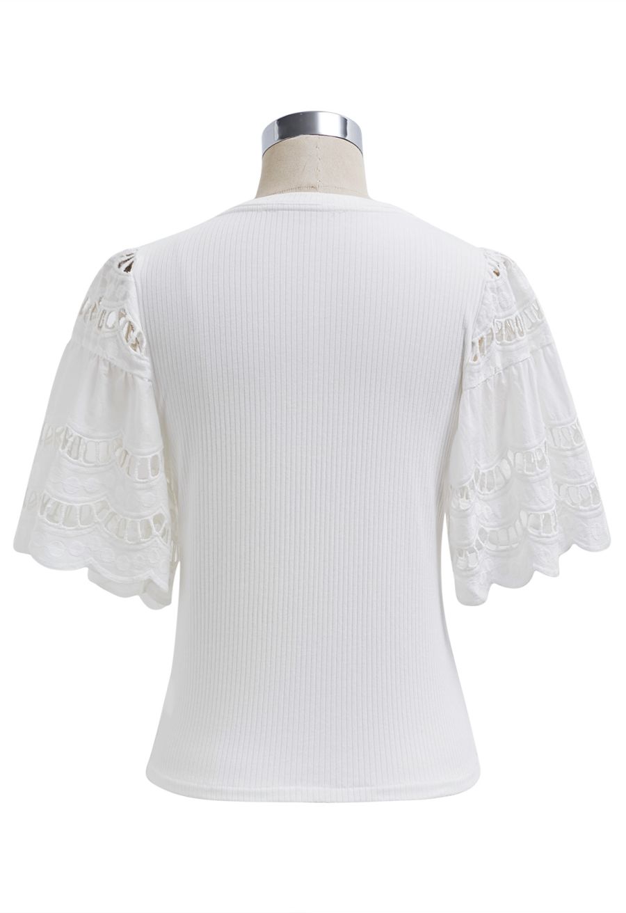 Embroidered Flutter Sleeve Rib Top in White