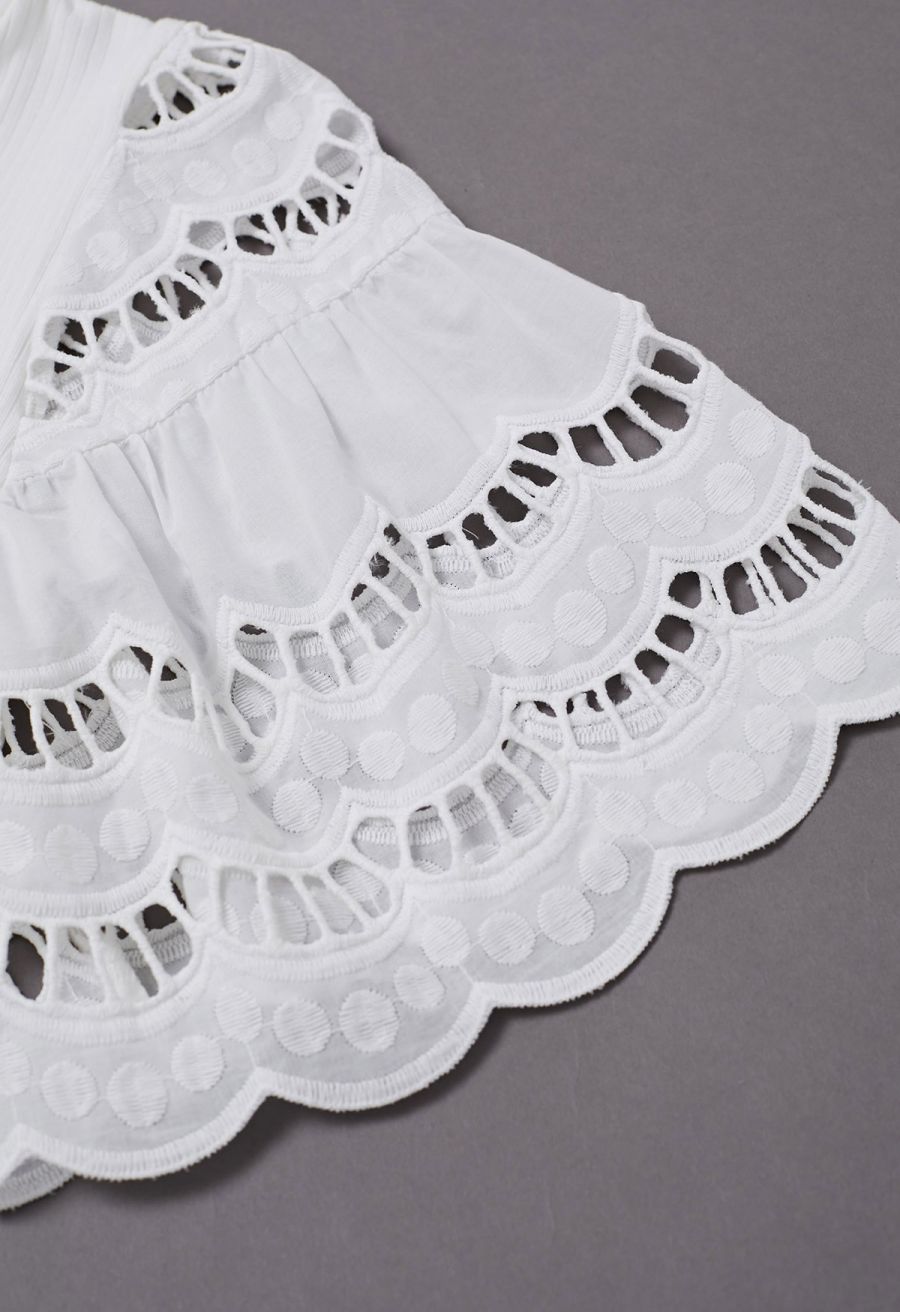 Embroidered Flutter Sleeve Rib Top in White