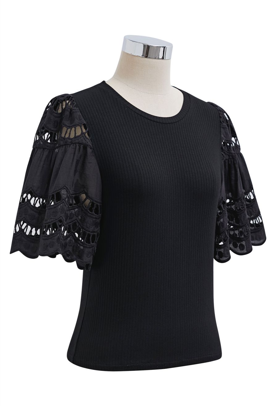 Embroidered Flutter Sleeve Rib Top in Black