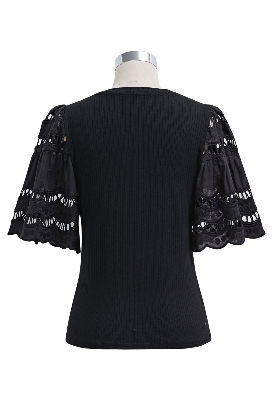 Embroidered Flutter Sleeve Rib Top in Black