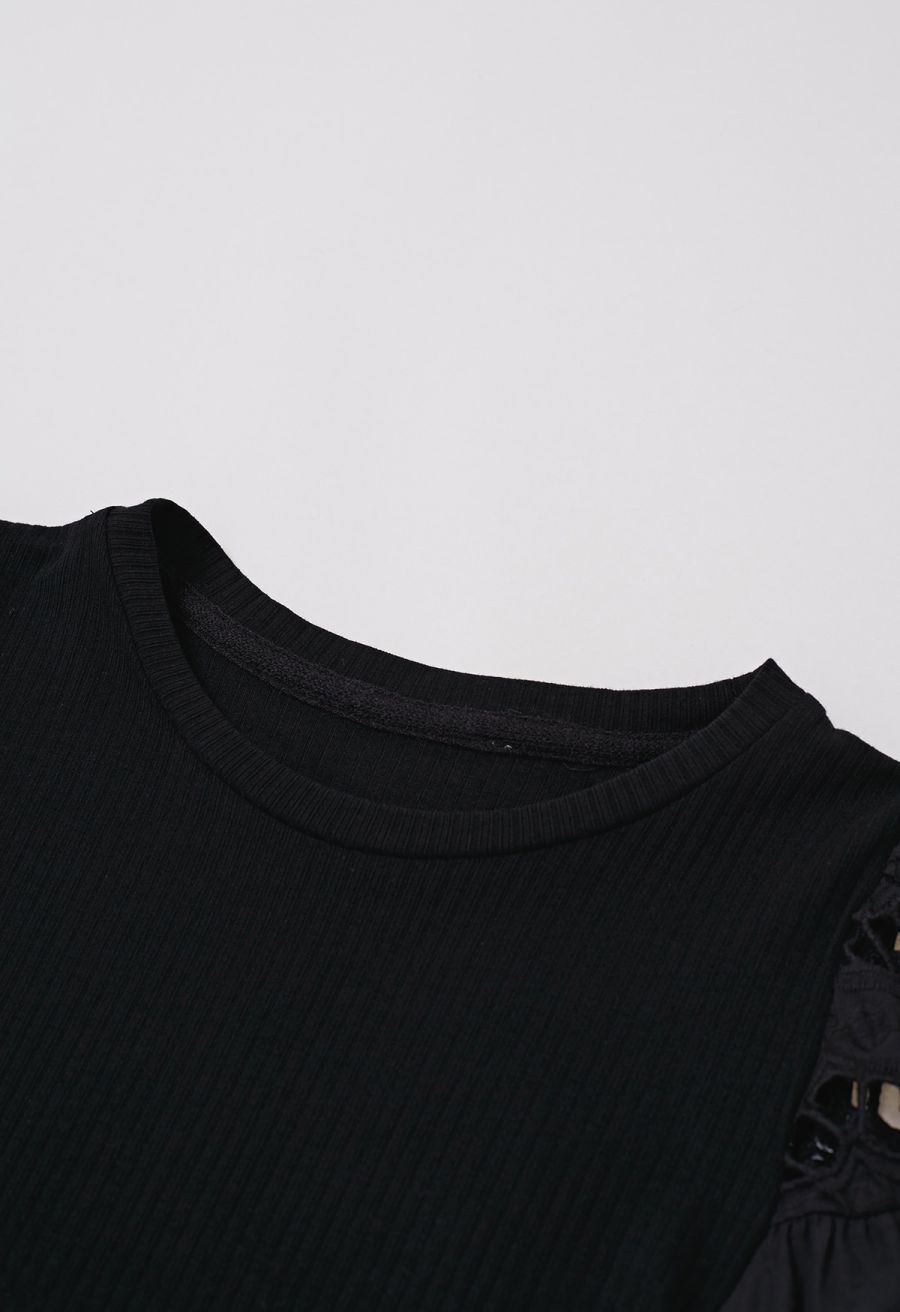 Embroidered Flutter Sleeve Rib Top in Black
