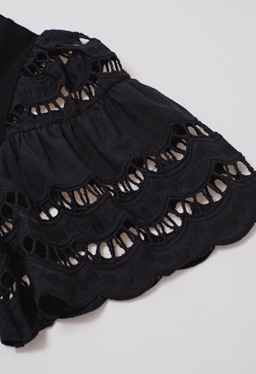 Embroidered Flutter Sleeve Rib Top in Black