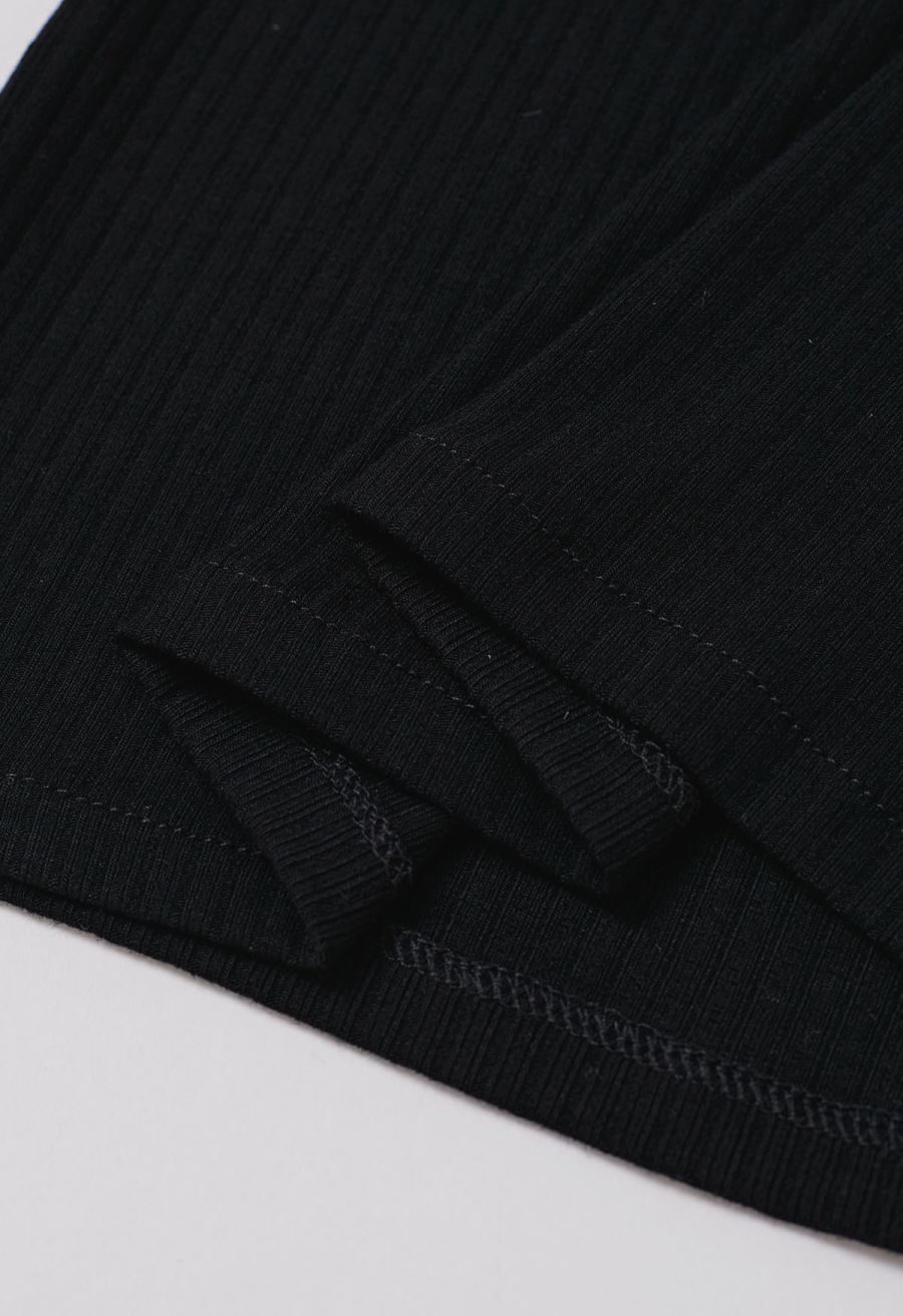 Embroidered Flutter Sleeve Rib Top in Black