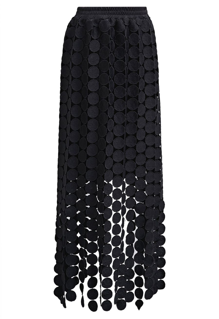 Chic Crochet Circle Fringe Maxi Skirt in Black