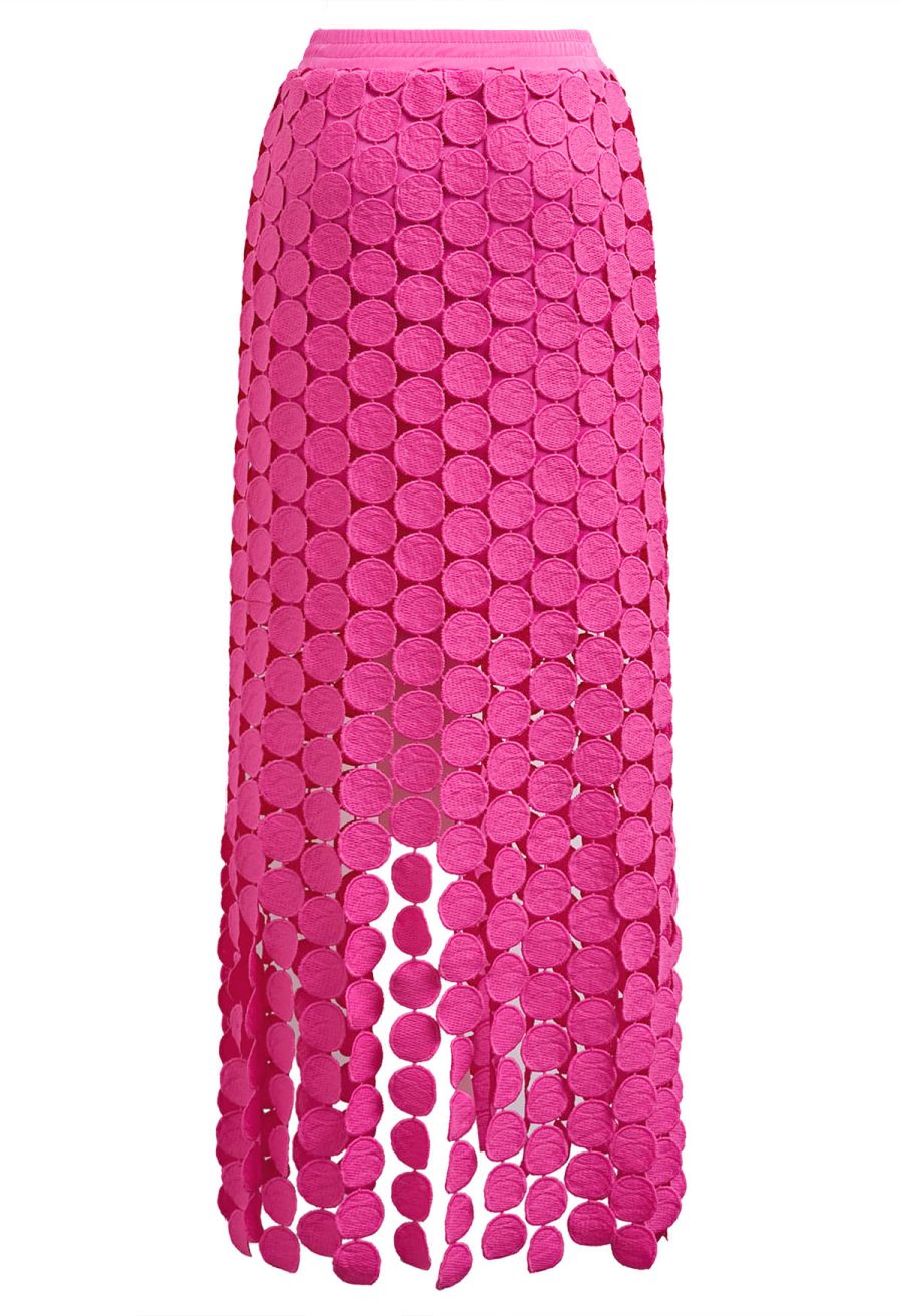 Chic Crochet Circle Fringe Maxi Skirt in Hot Pink