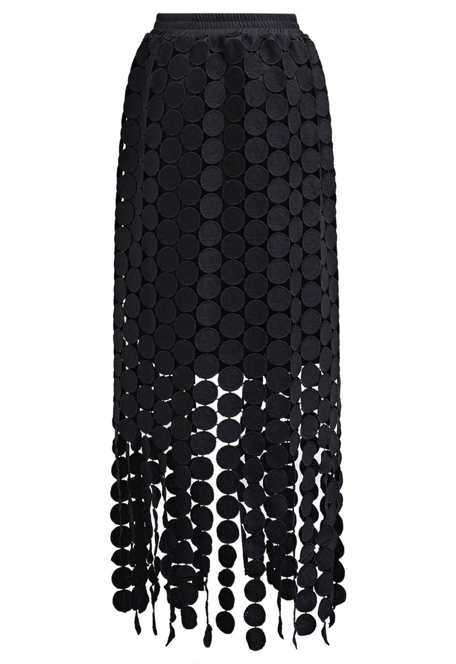 Chic Crochet Circle Fringe Maxi Skirt in Black
