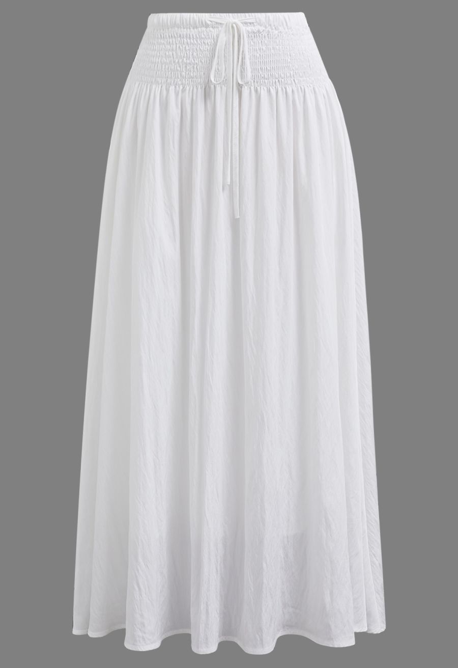 Self-Tie Shirred Waist Crinkle Skirt in White