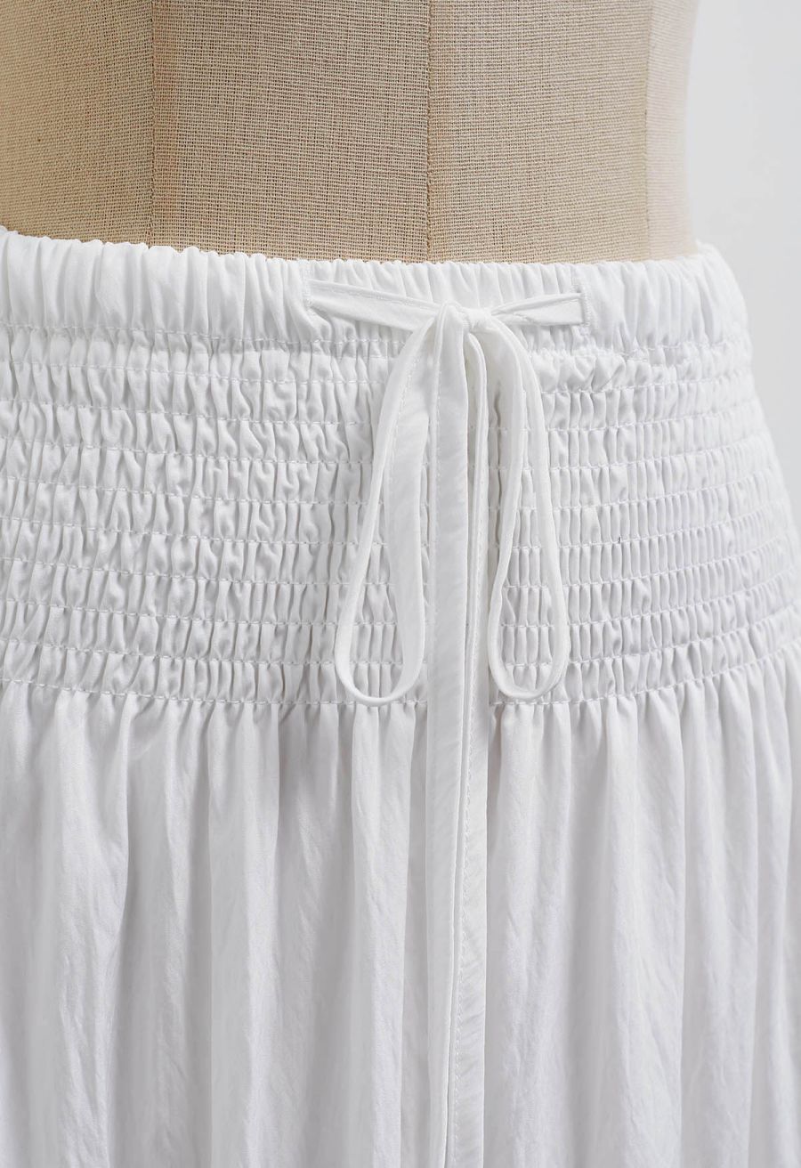 Self-Tie Shirred Waist Crinkle Skirt in White