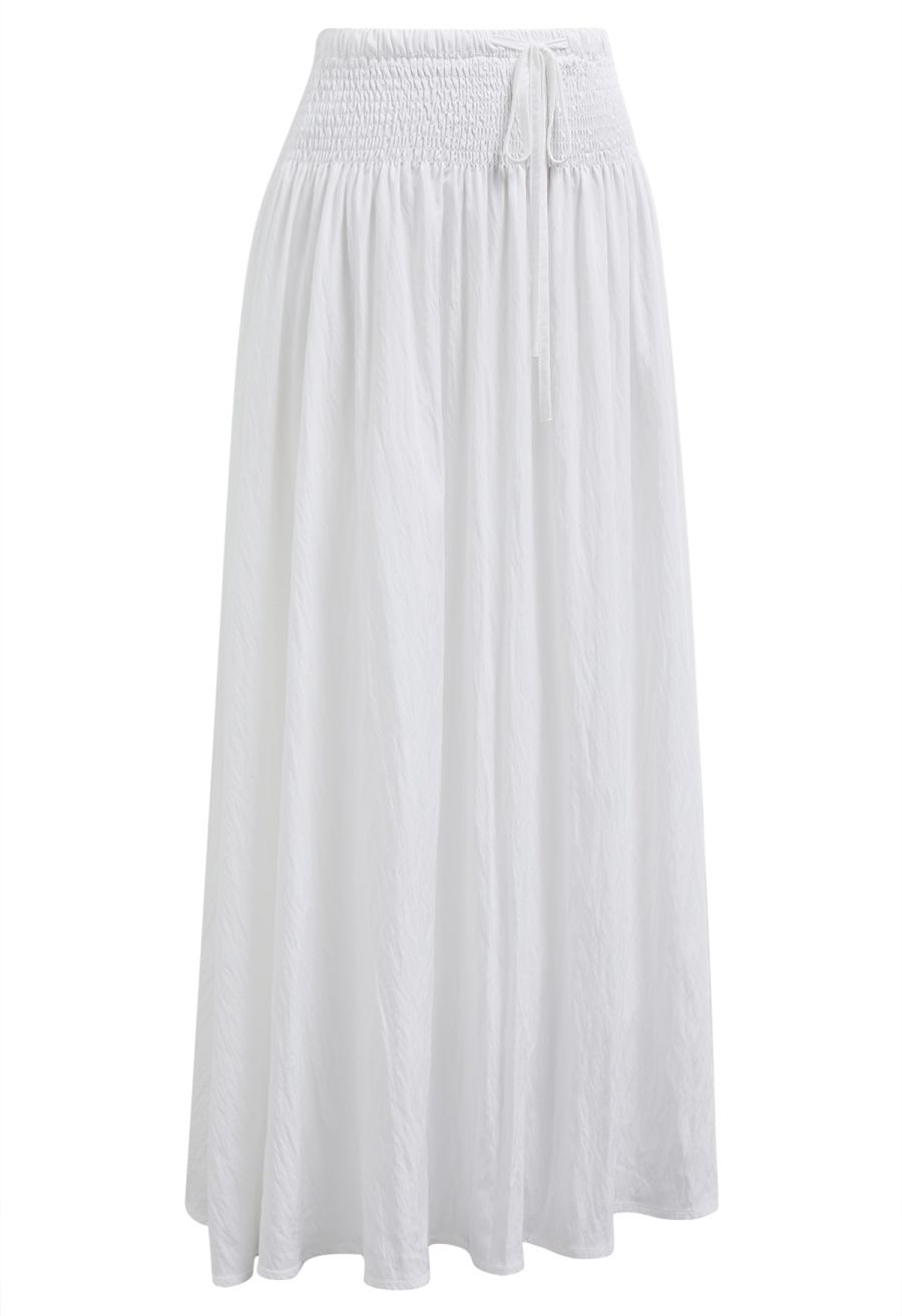 Self-Tie Shirred Waist Crinkle Skirt in White