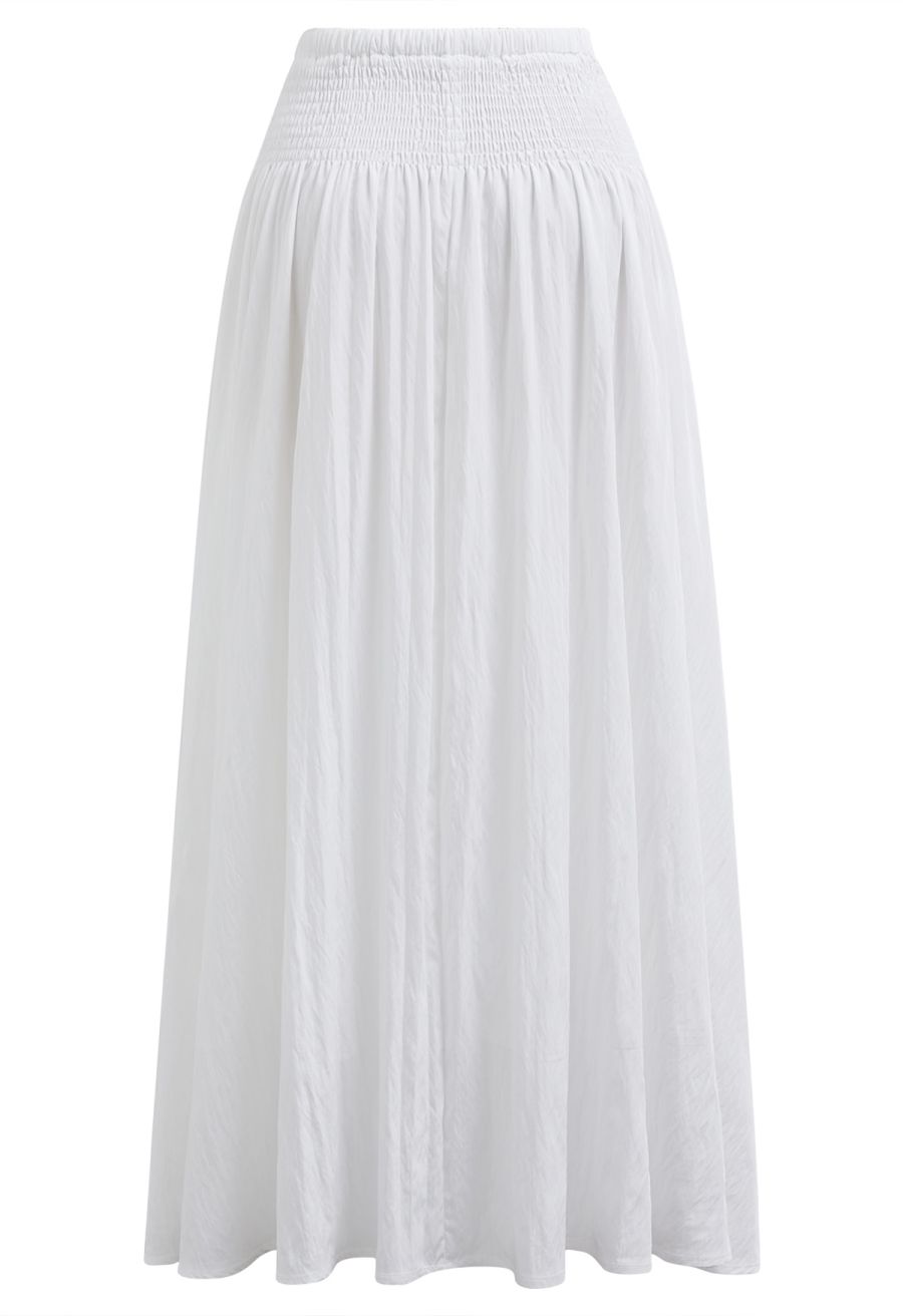 Self-Tie Shirred Waist Crinkle Skirt in White