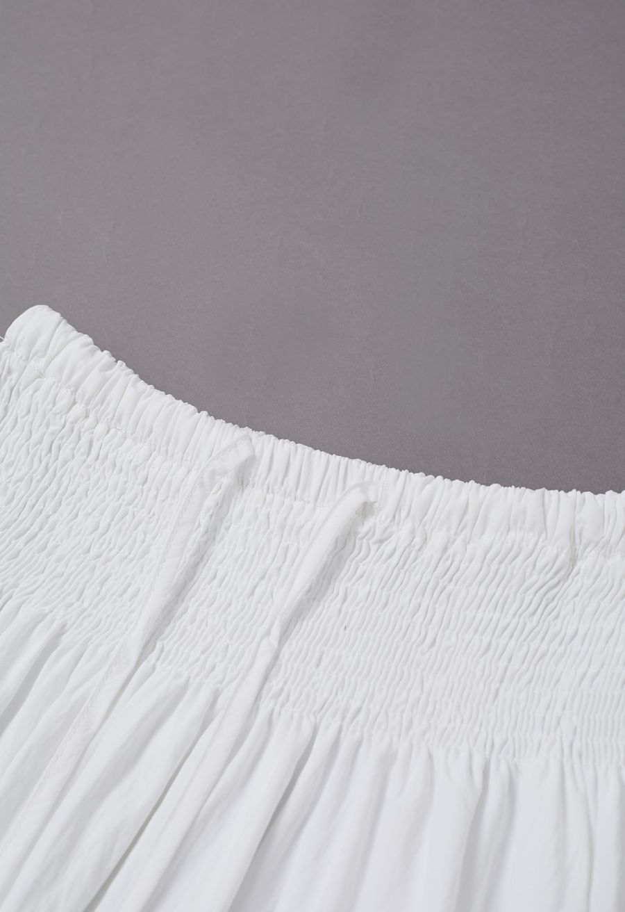 Self-Tie Shirred Waist Crinkle Skirt in White