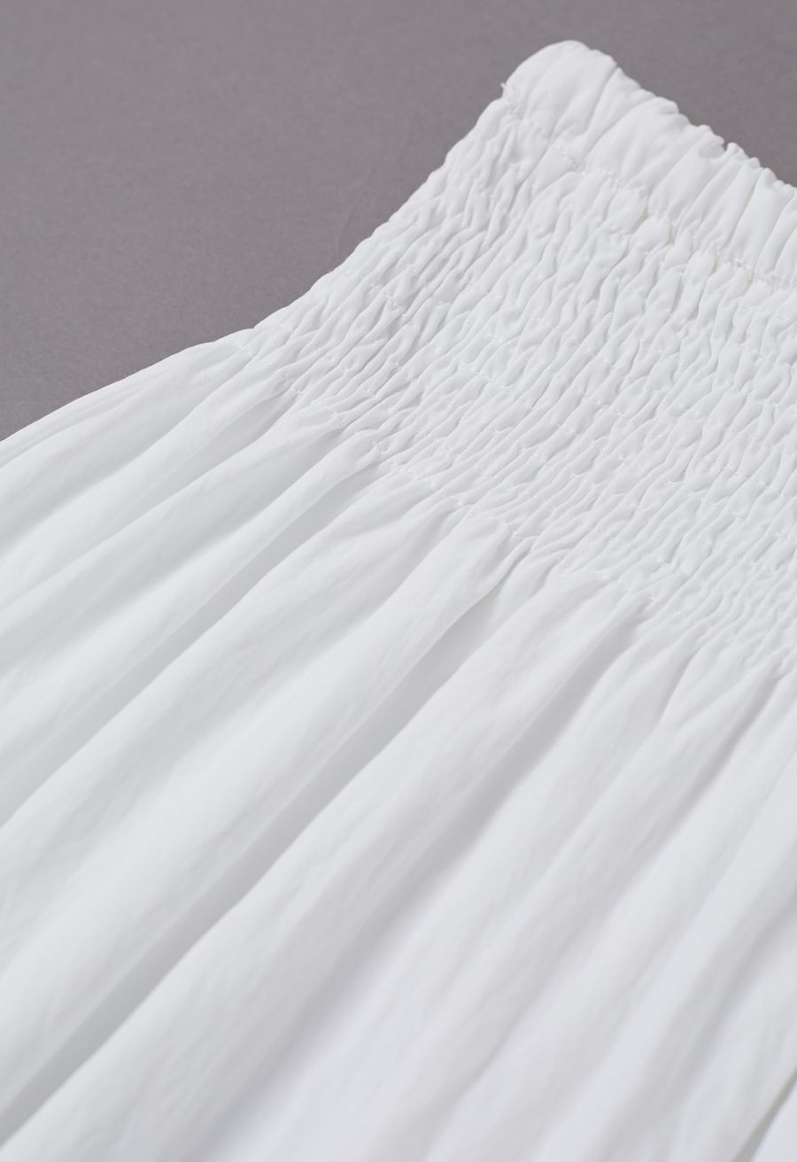 Self-Tie Shirred Waist Crinkle Skirt in White