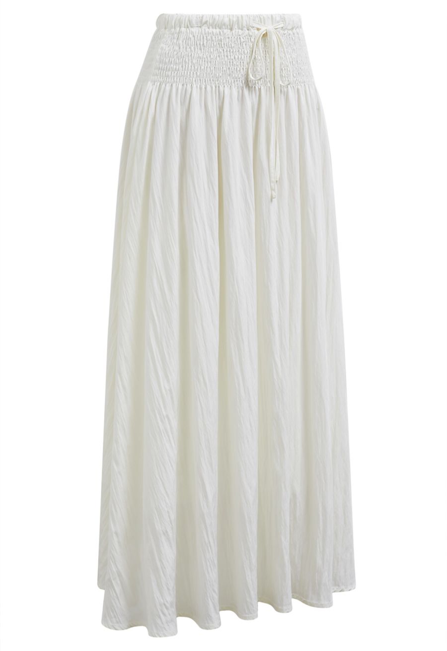 Self-Tie Shirred Waist Crinkle Skirt in Ivory