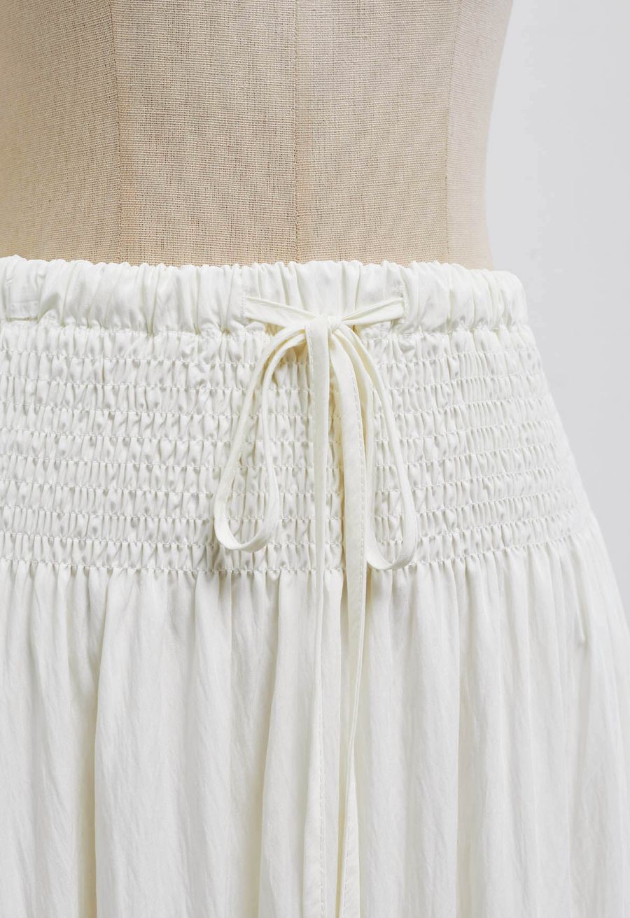 Self-Tie Shirred Waist Crinkle Skirt in Ivory