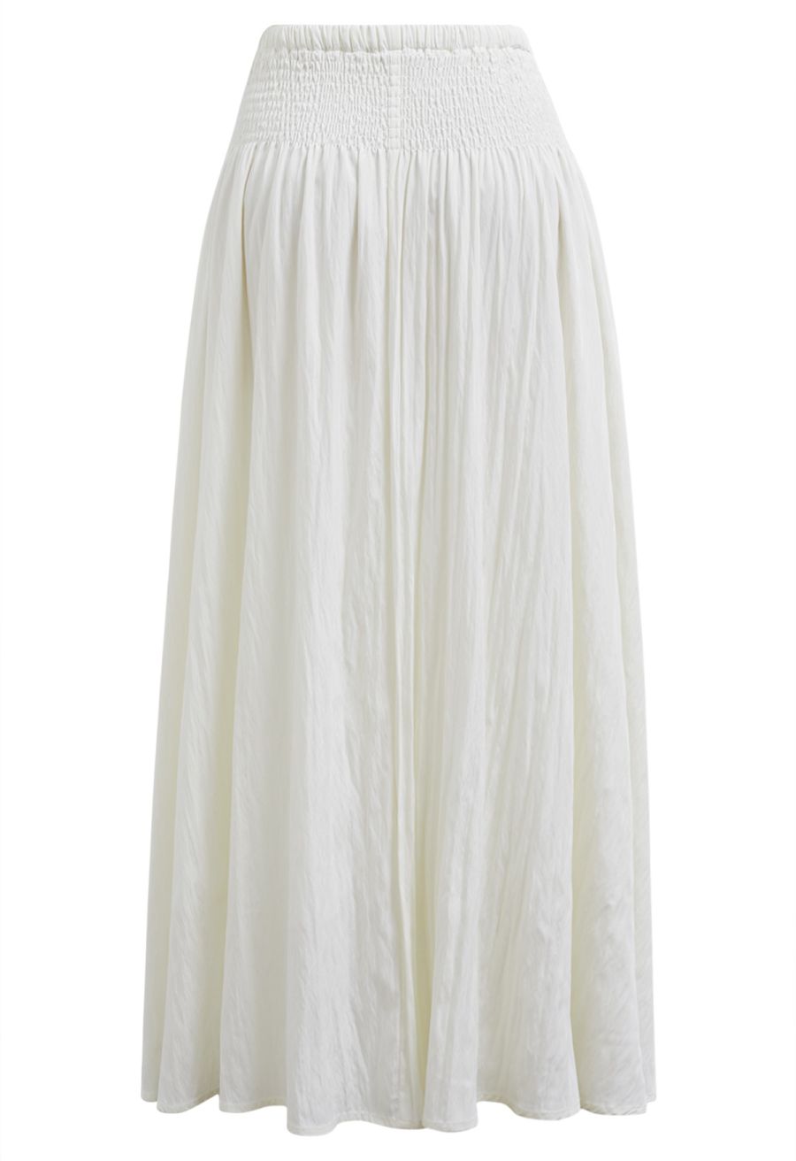 Self-Tie Shirred Waist Crinkle Skirt in Ivory