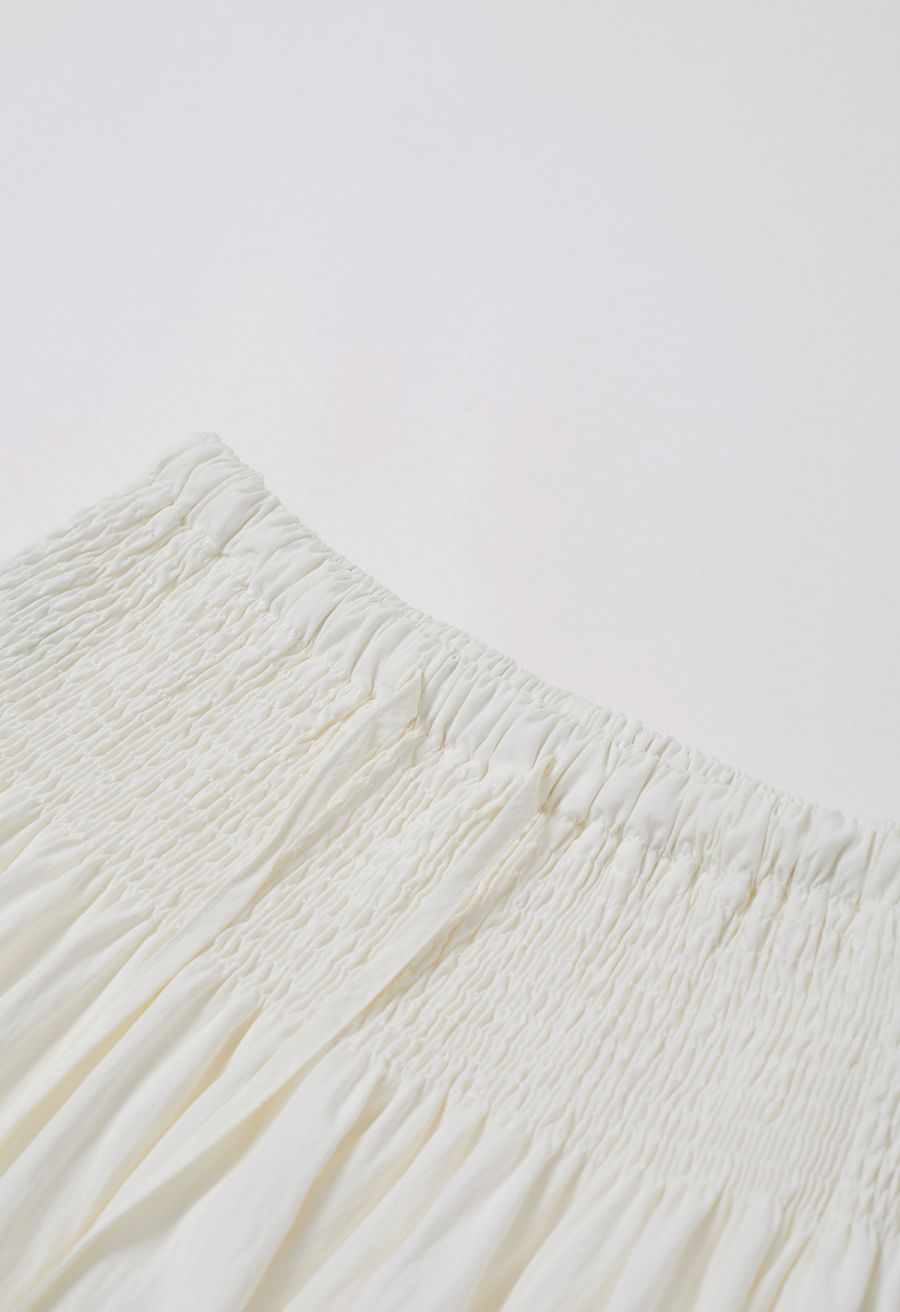 Self-Tie Shirred Waist Crinkle Skirt in Ivory