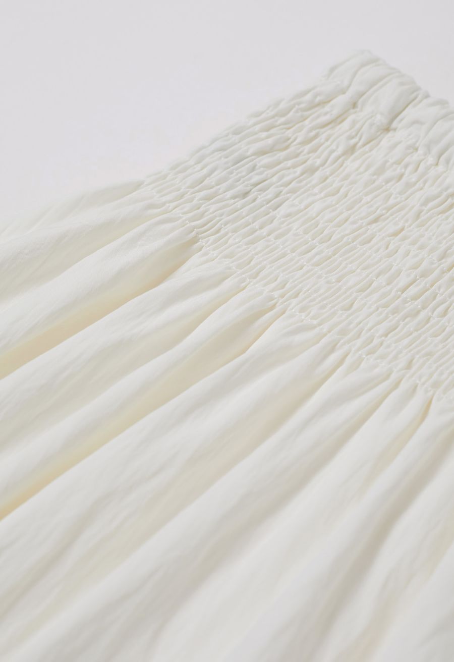 Self-Tie Shirred Waist Crinkle Skirt in Ivory