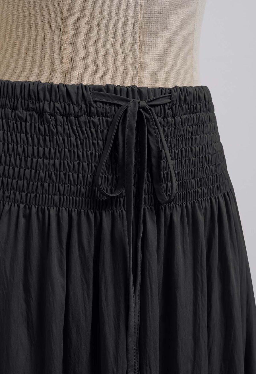 Self-Tie Shirred Waist Crinkle Skirt in Black