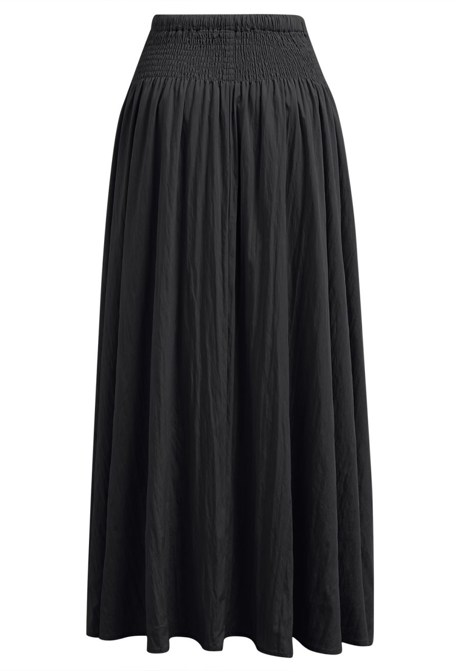Self-Tie Shirred Waist Crinkle Skirt in Black