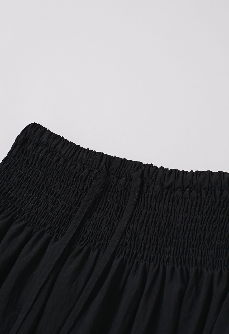 Self-Tie Shirred Waist Crinkle Skirt in Black