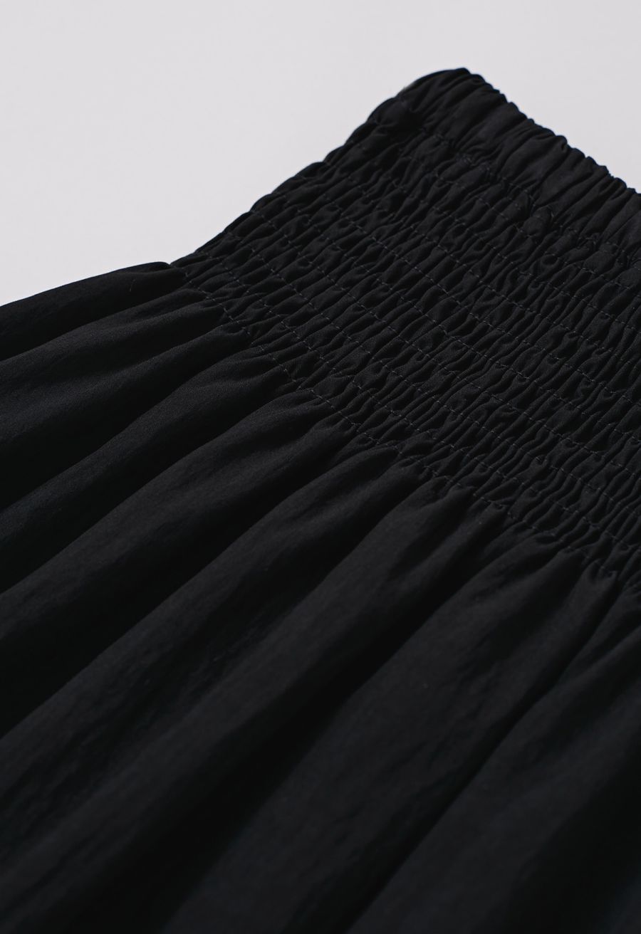 Self-Tie Shirred Waist Crinkle Skirt in Black