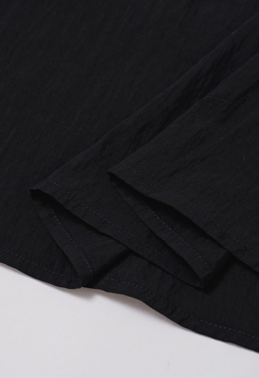 Self-Tie Shirred Waist Crinkle Skirt in Black