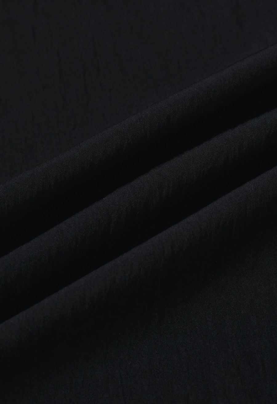 Self-Tie Shirred Waist Crinkle Skirt in Black